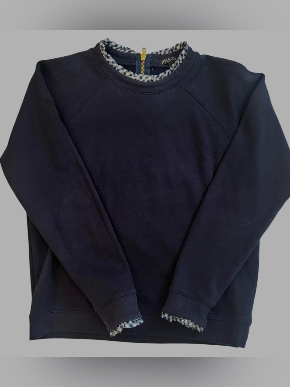 J. Crew Navy Zip-Back Sweatshirt with Gold Zipper ruffled hem